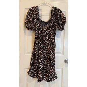 Who What Wear Mini Dress‎ Leopard Print Short Sleeve Smocked Casual S